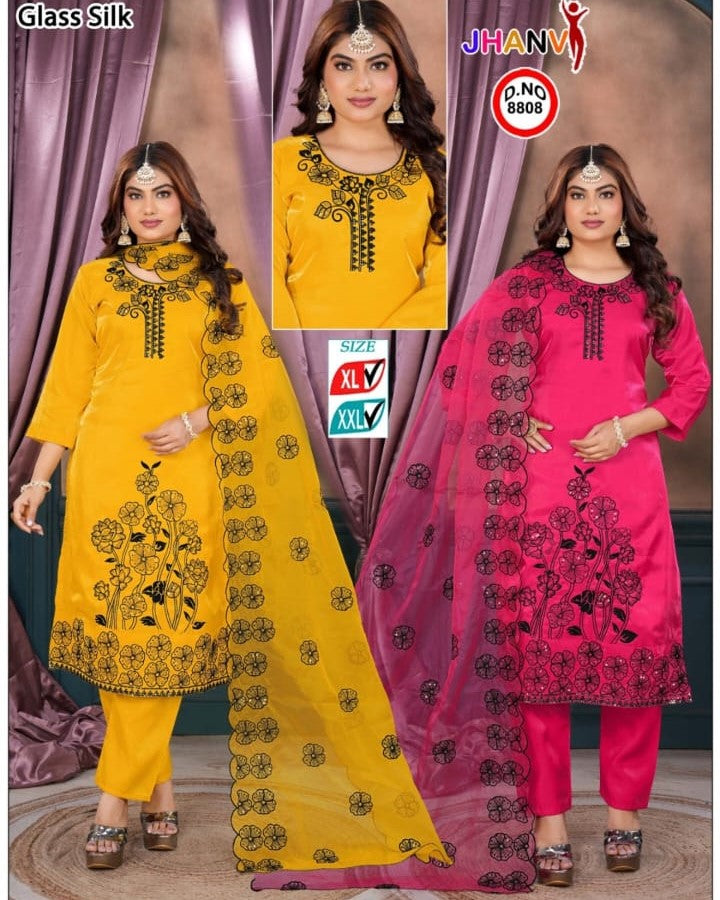 Elegant Glass Silk Floral Printed Kurta Set with Dupatta (Mustard Yellow & Rani Pink)